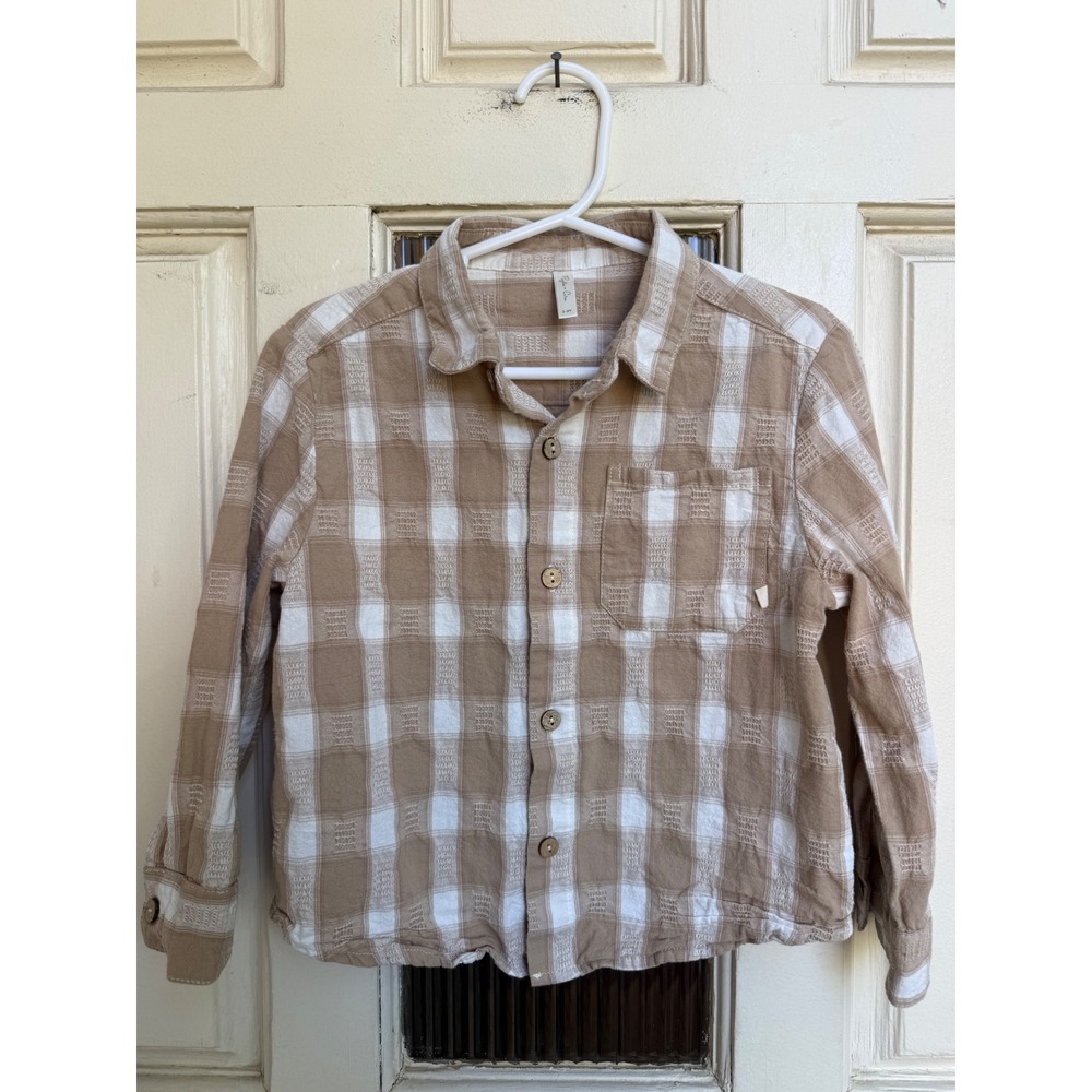 Rylee + Cru Kids Tan Gingham Textured Cotton Button Down Shirt Size 2-3Y
